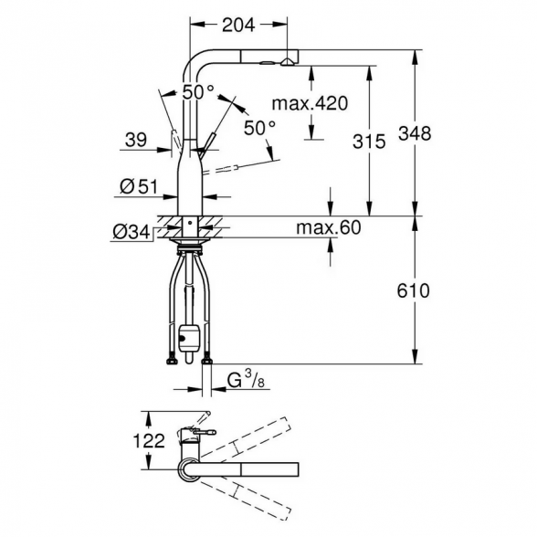 Virtuvės (plautuvės) maišytuvas su ištraukiama žarnele GROHE Essence, 30504KF0 4