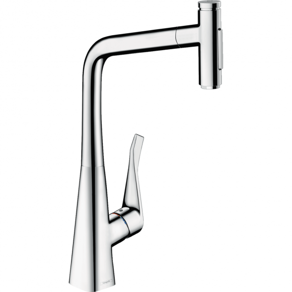 Virtuvinis (plautuvės) maišytuvas su ištraukiamu snapu HANSGROHE Metris Select M71, chromo spalvos, dviejų srovių, 73816000