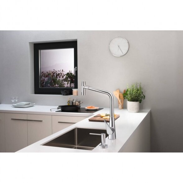 Virtuvinis (plautuvės) maišytuvas su ištraukiamu snapu HANSGROHE Metris Select M71, chromo spalvos, dviejų srovių, 73816000 1