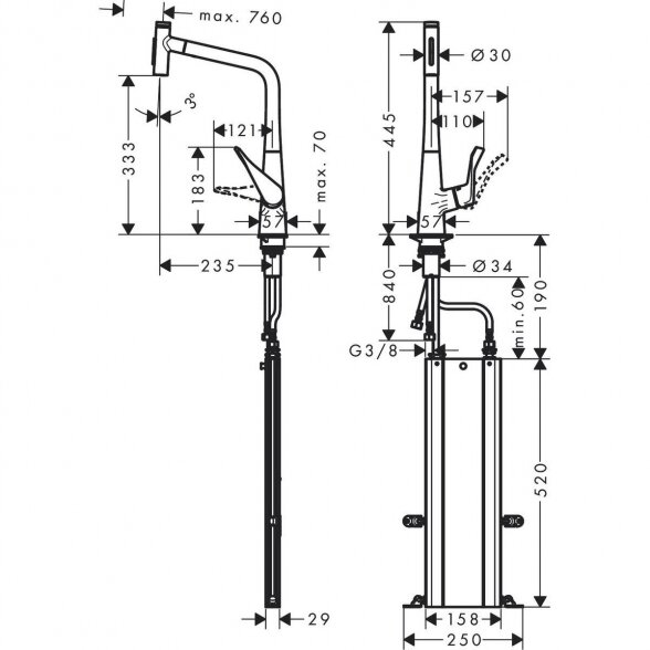 Virtuvinis (plautuvės) maišytuvas su ištraukiamu snapu HANSGROHE Metris Select M71, chromo spalvos, dviejų srovių, 73816000 3