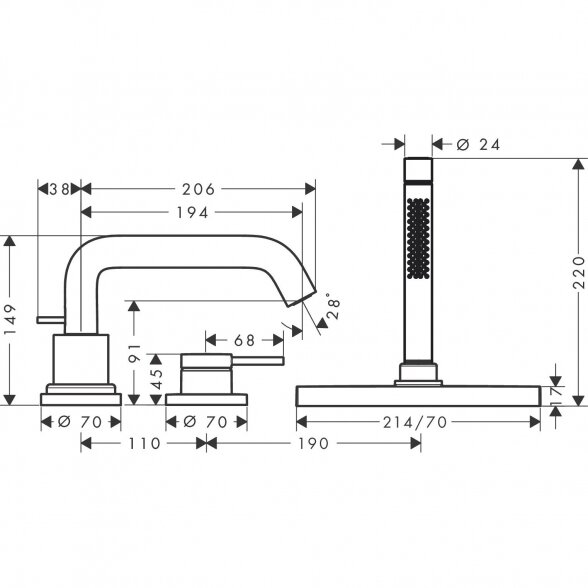 3-jų dalių maišytuvas voniai HANSGROHE Tecturis S, 73447000 1